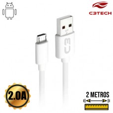 Cabo USB Micro USB V8 Emborrachado 2.0A 2m CB-M20WH C3 Tech Branco